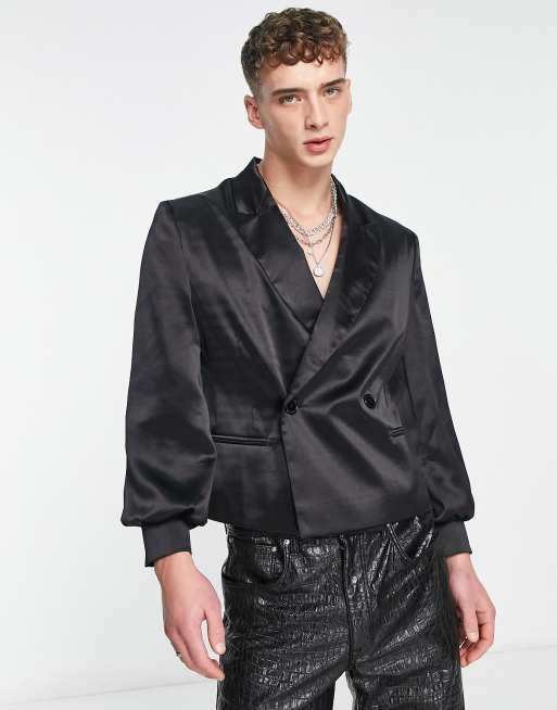 ASOS DESIGN puff sleeve blazer in black satin | ASOS