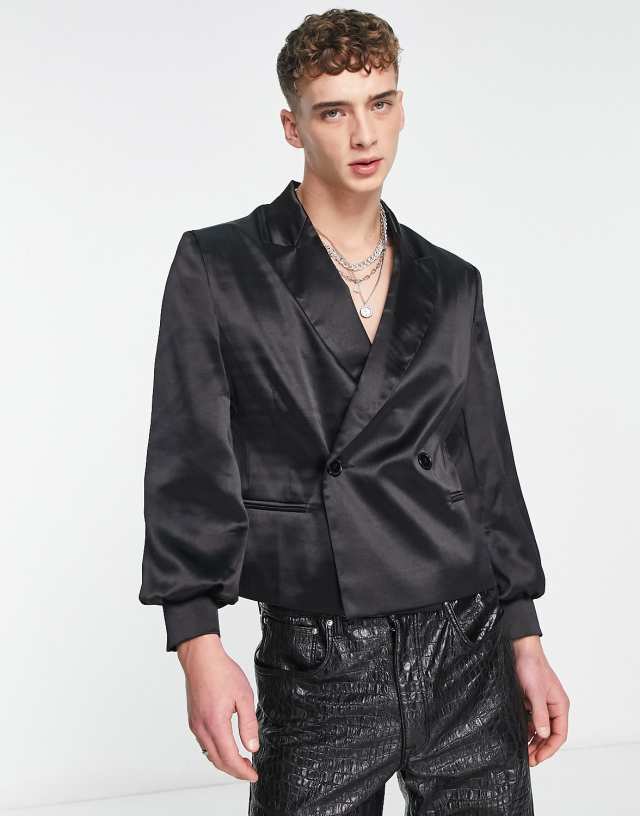 ASOS DESIGN puff sleeve blazer in black satin