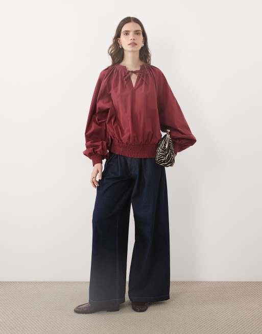 ASOS DESIGN puff sleeve blouson blouse in burgundy, 3 of 4