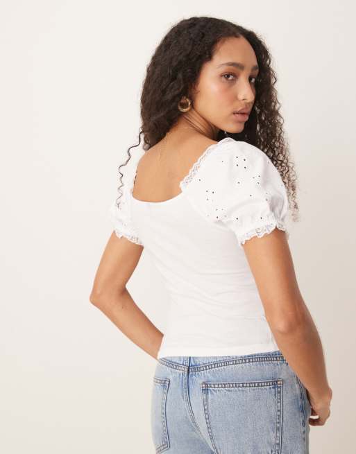 ASOS DESIGN puff sleeve broderie milkmaid top with lace trim in white, 3 of 4