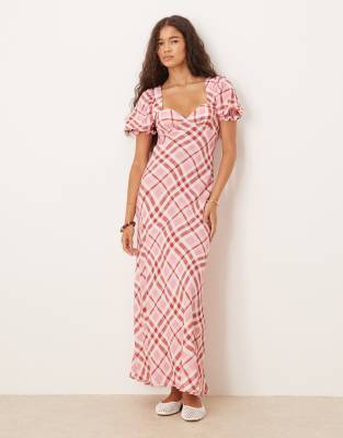puff sleeve button down midi dress in pink plaid-Multi