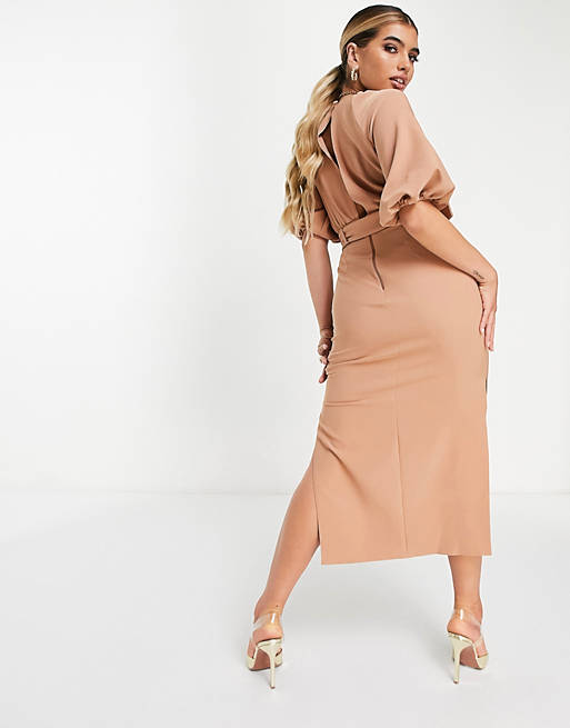  puff sleeve button through belted midi dress in camel 
