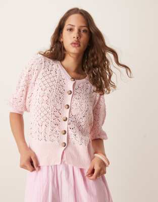 puff sleeve cardigan in pointelle stitch in pink