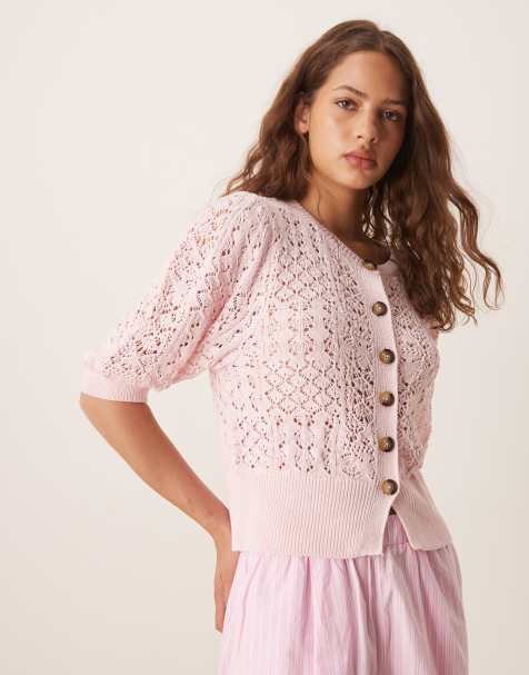 ASOS DESIGN puff sleeve cardigan in pointelle stitch in pink - view 1