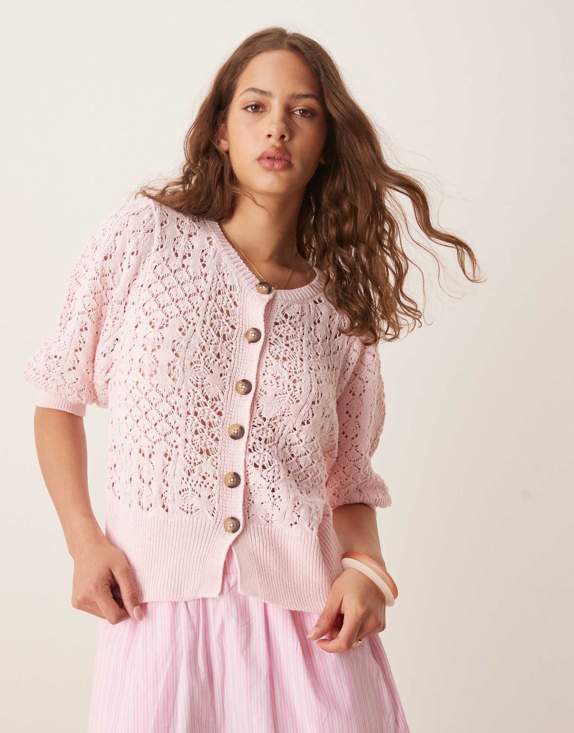 asos design puff sleeve cardigan in pointelle stitch in pink