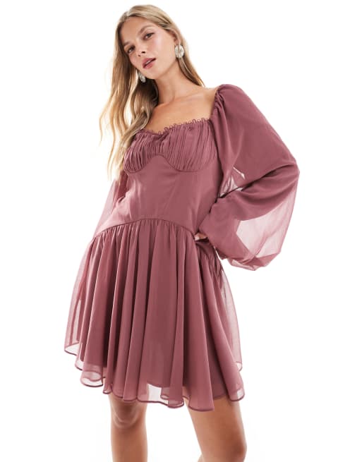 ASOS DESIGN puff sleeve chiffon lace up mini skater dress in berry