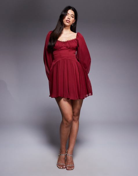 ASOS DESIGN puff sleeve chiffon lace up mini skater dress in burgundy - view 1