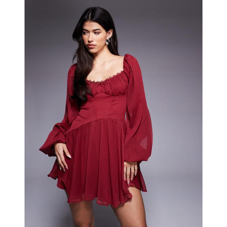 sachin and babi light blue dress ASOS Design Puff Sleeve Chiffon Lace Up Mini Skater Dress in burgundy-Red