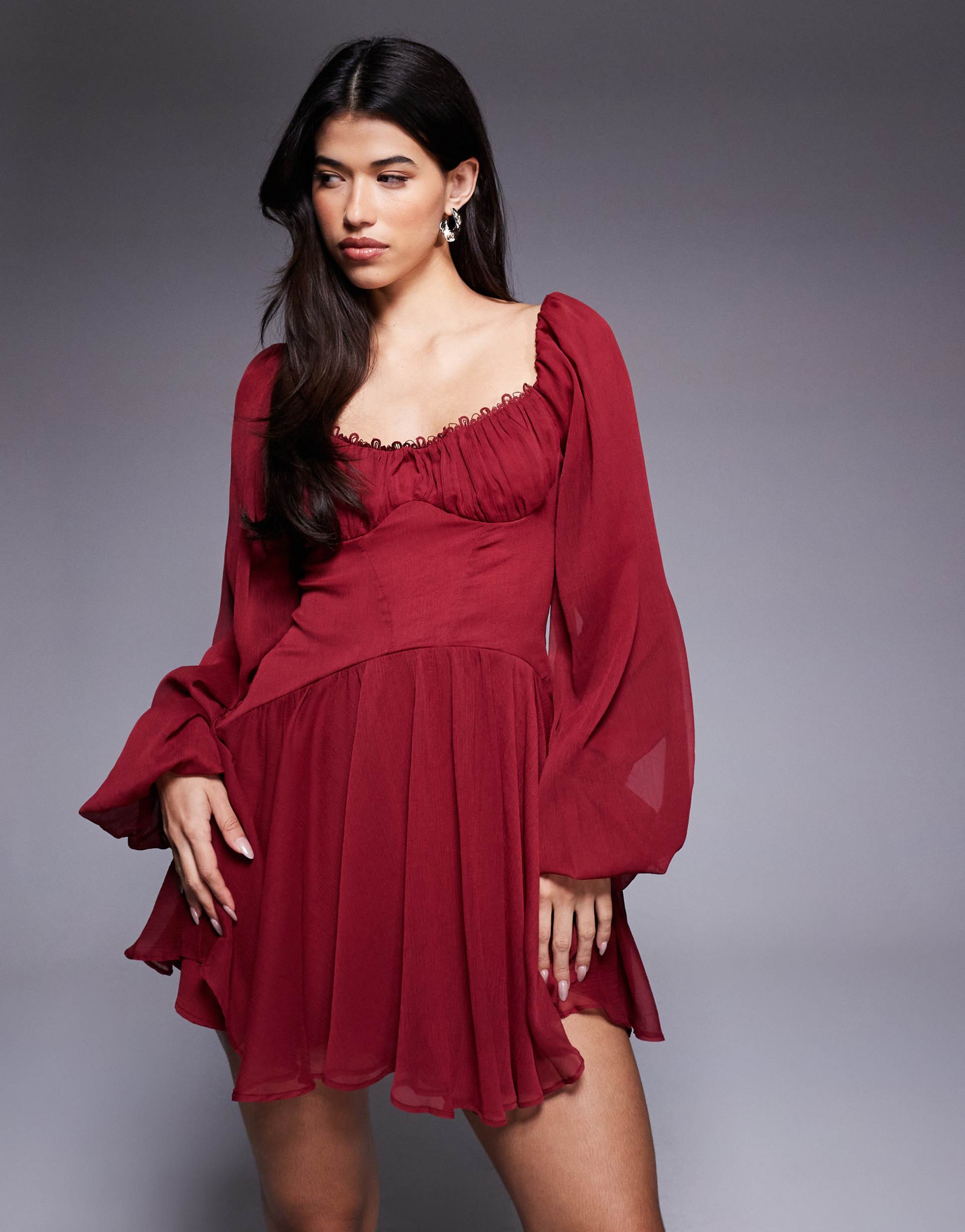 asos design puff sleeve chiffon lace up mini skater dress in burgundy
