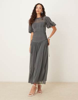 Asos Design Puff Sleeve Chiffon Midaxi Dress In Gray