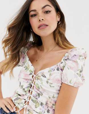 ASOS DESIGN puff sleeve corset top with lace up front in floral print-Multi