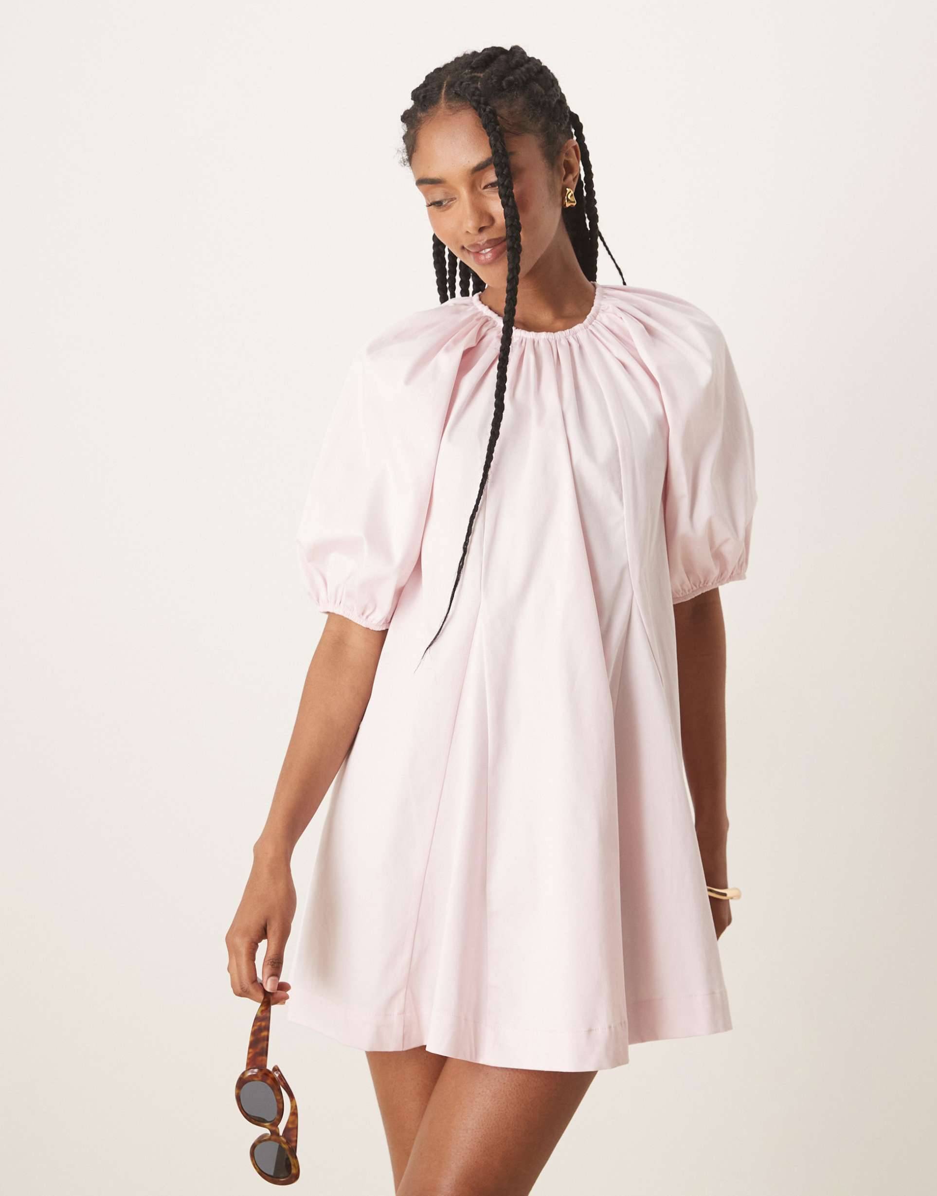asos design puff sleeve cotton poplin mini dress in baby pink