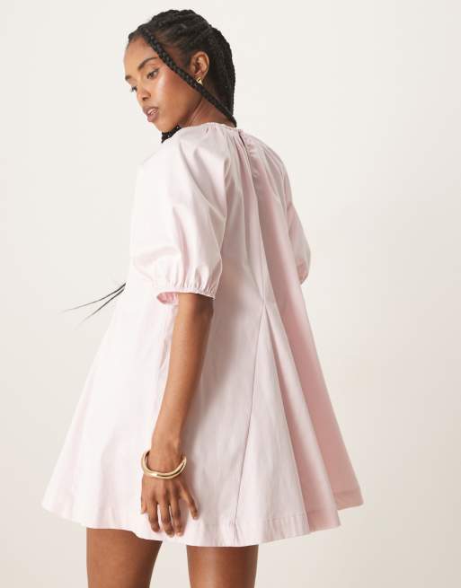 ASOS DESIGN puff sleeve cotton poplin mini dress in baby pink