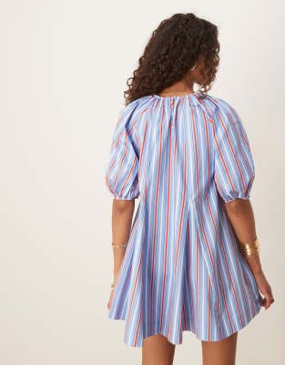 ASOS DESIGN puff sleeve cotton poplin mini dress in blue stripes