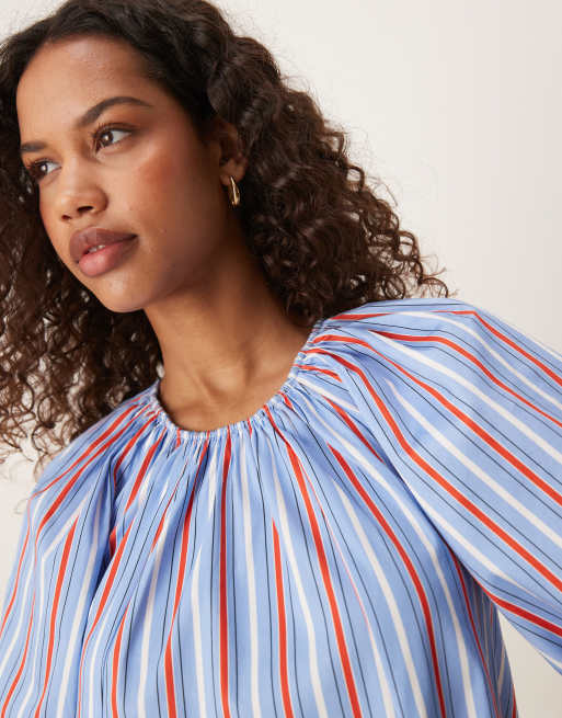ASOS DESIGN puff sleeve cotton poplin mini dress in blue stripes