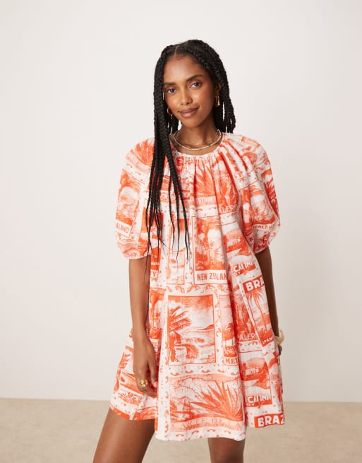 ASOS DESIGN puff sleeve cotton poplin mini dress in red postcard print