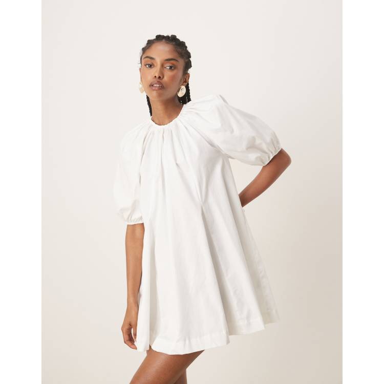 white christmas dresses Cotton Linen Open Back Puff Sleeve Dress – S A O U main image 1