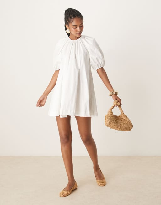 ASOS DESIGN puff sleeve cotton poplin mini dress in white