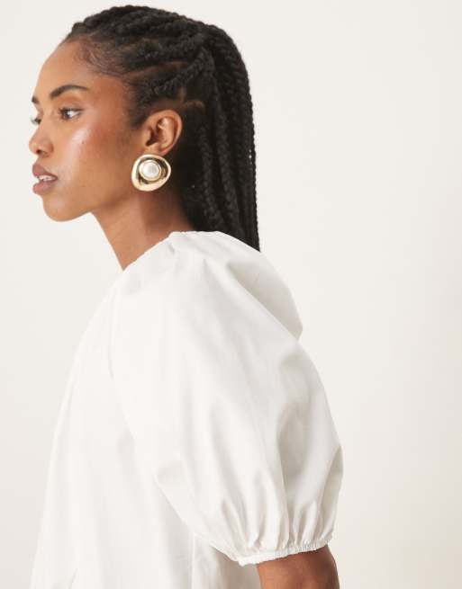 ASOS DESIGN puff sleeve cotton poplin mini dress in white