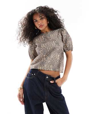 Asos Design Puff Sleeve Cotton Top In Animal Print-multi