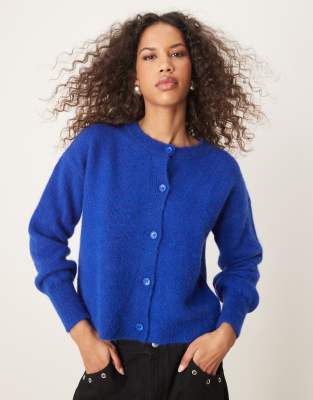 Asos Design Puff Sleeve Crew Neck Cardigan In Cobalt Blue