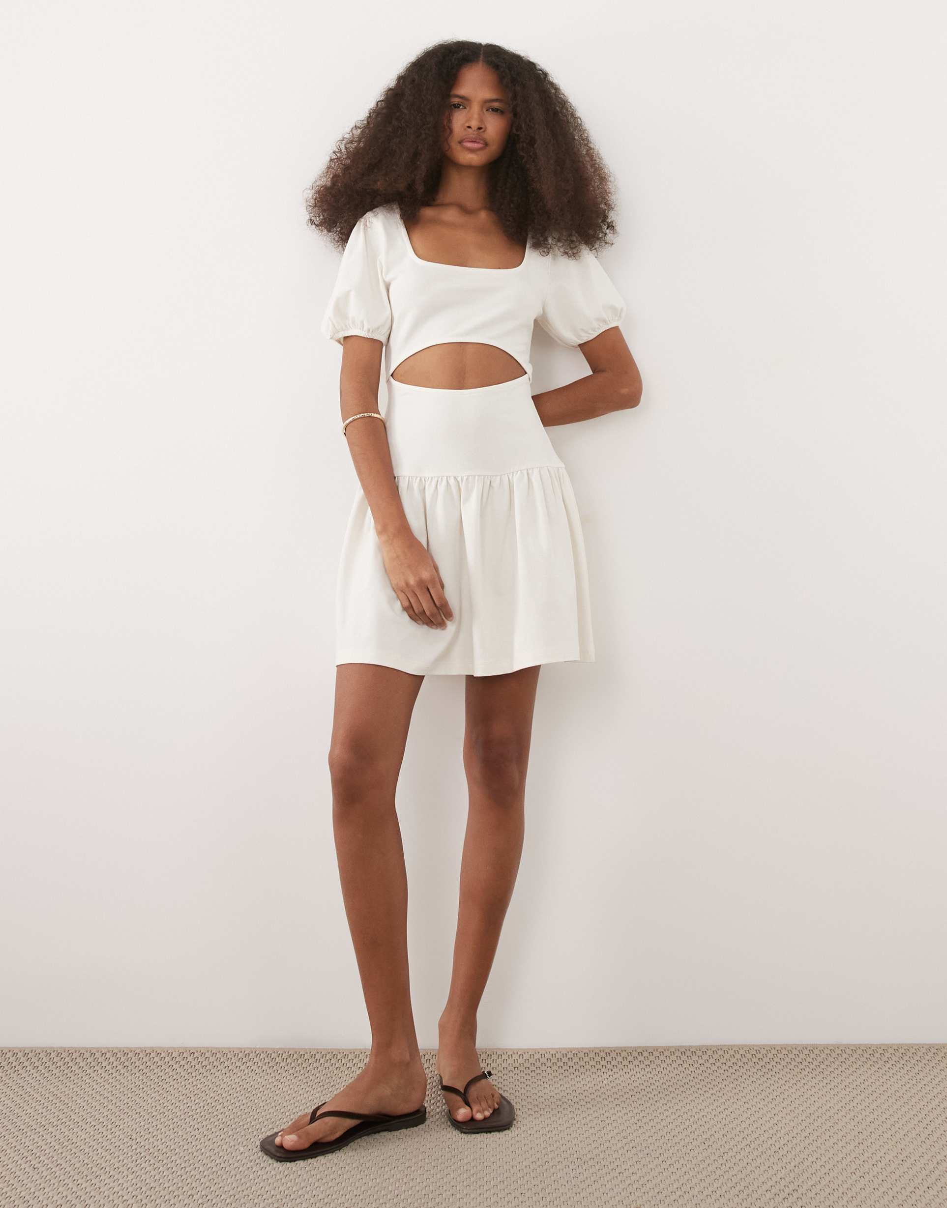 asos design puff sleeve cut out detail mini dress in white