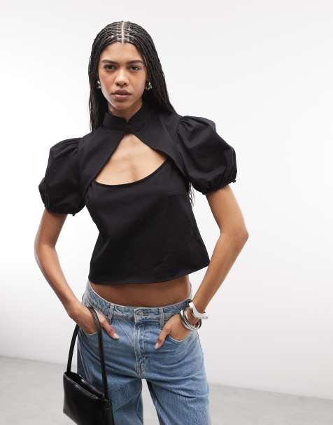 ASOS DESIGN puff sleeve cut out mandarin top in black - view 1