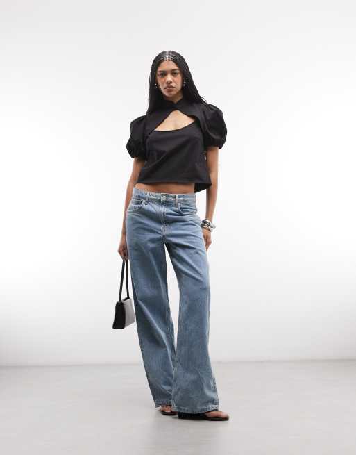 ASOS DESIGN puff sleeve cut out mandarin top in black, 2 of 4