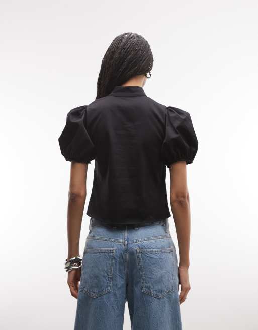 ASOS DESIGN puff sleeve cut out mandarin top in black, 3 of 4