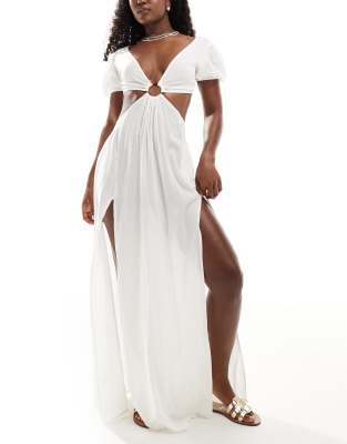 Asos Design Puff Sleeve Cut Out Maxi Beach Dress With Ring Detail In White