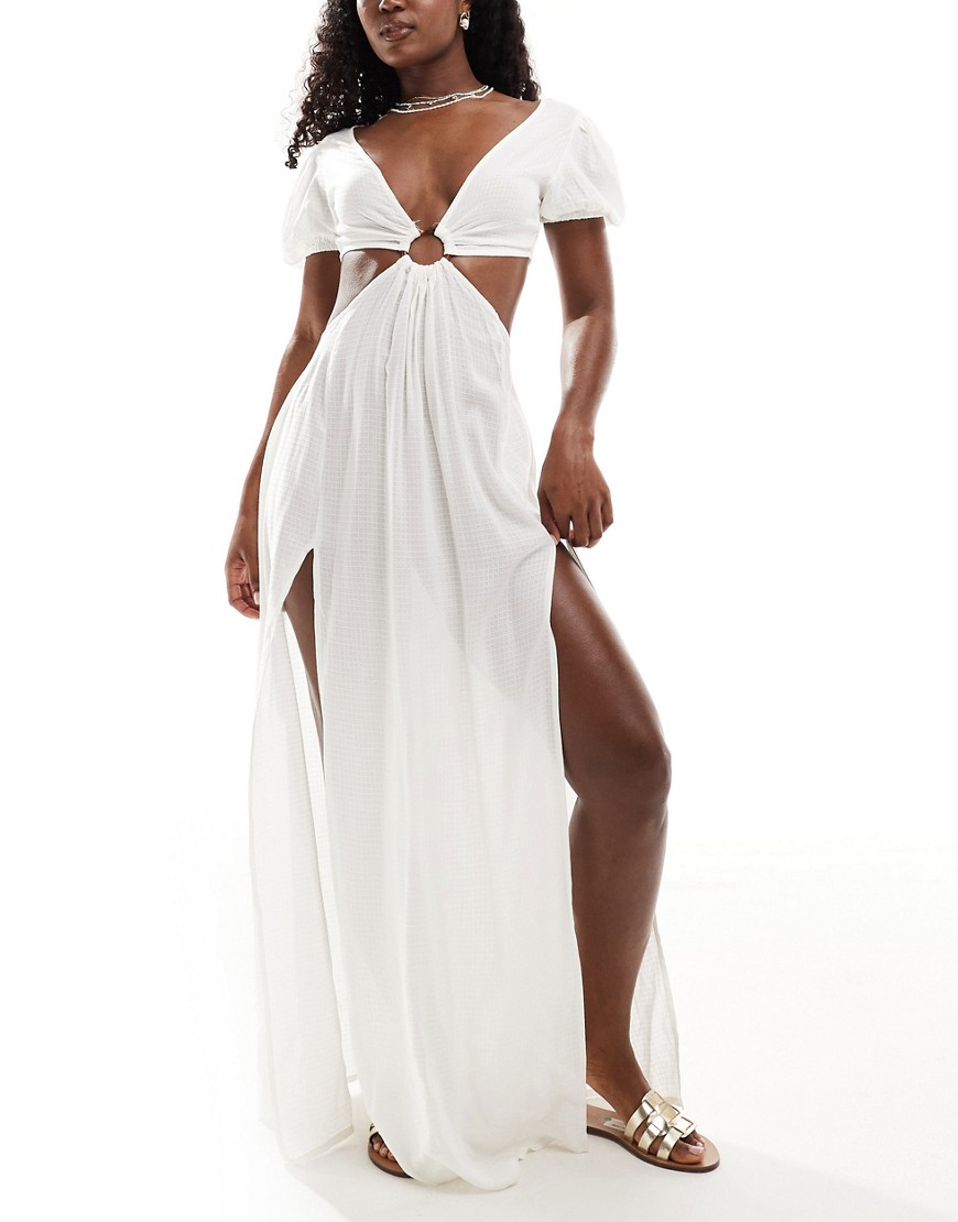 ASOS DESIGN puff sleeve cut out maxi beach dress with ring detail in white