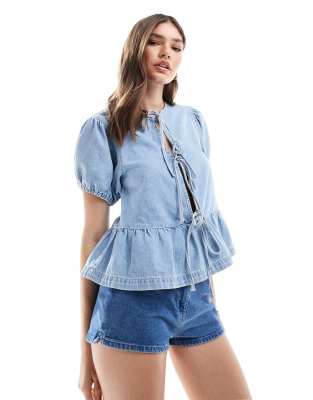 Asos Design Puff Sleeve Denim Blouse With Tie Front In Bleach-blue