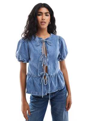 Asos Design Puff Sleeve Denim Blouse With Tie Front-blue