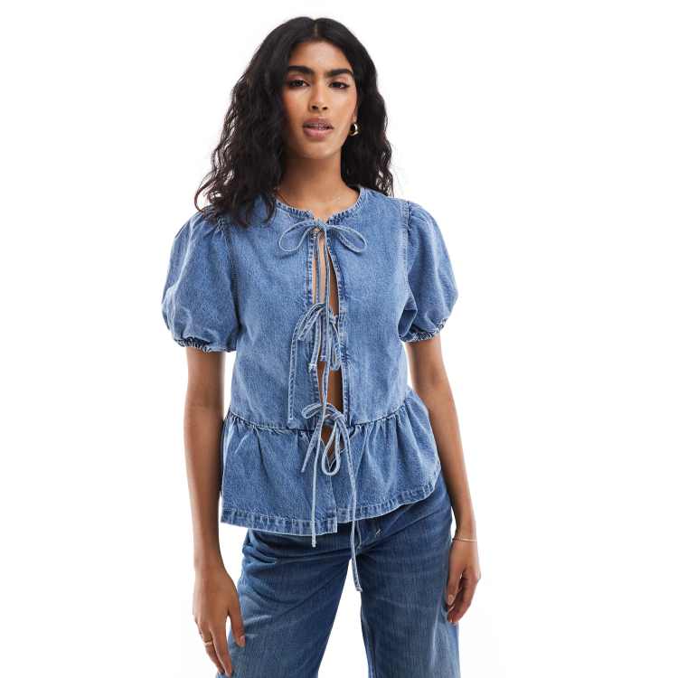 ASOS DESIGN puff sleeve denim blouse with tie front ASOS