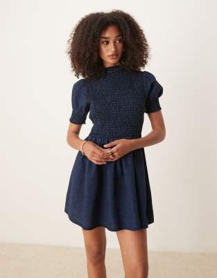 Asos Design Puff Sleeve Denim Mini Dress With Shirred Front