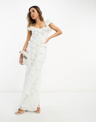 Asos Design Puff Sleeve Eyelet Cut Out Midi Dress With Floral Corsage Detail In Light Blue
