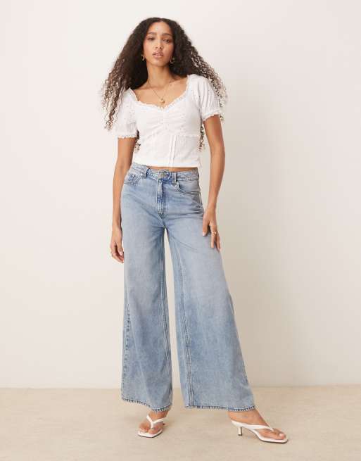 ASOS DESIGN puff sleeve eyelet milkmaid top with lace trim in white