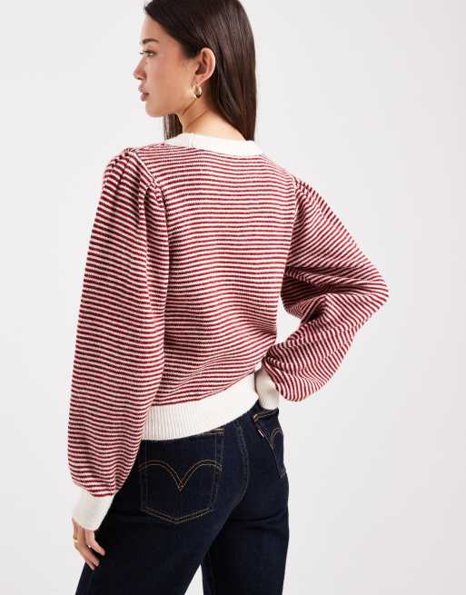 ASOS DESIGN puff sleeve fine stripe jumper in red and cream, 4 of 4