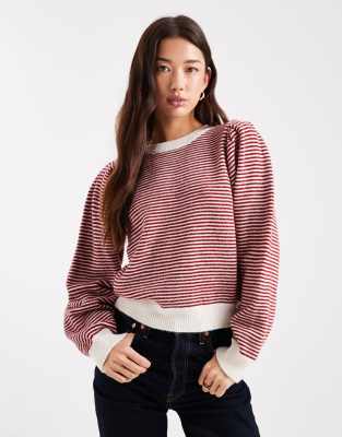 Asos Design Puff Sleeve Fine Striped Sweater In Pink