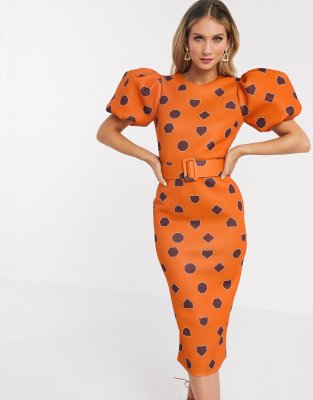 orange puff sleeve dress