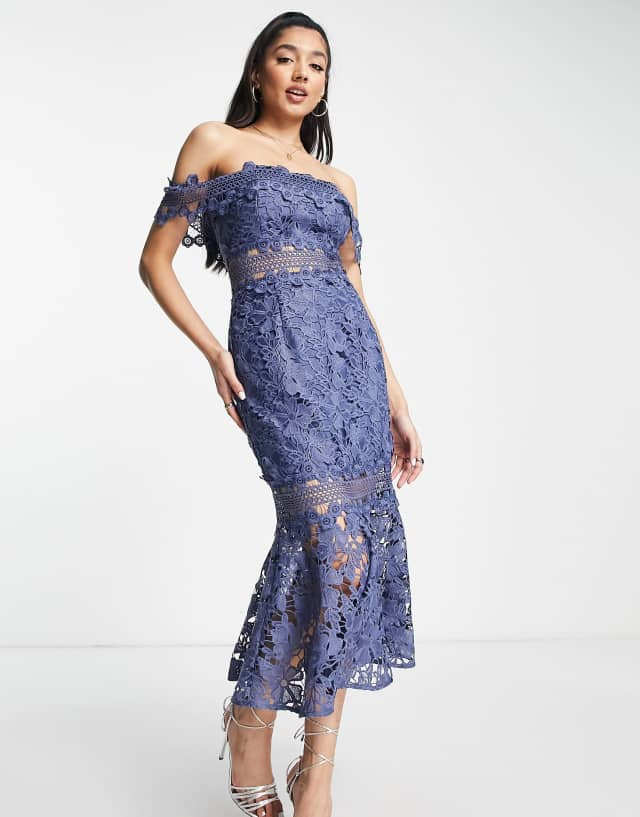 ASOS DESIGN puff sleeve lace midi dress with button detail and lace inserts in blue