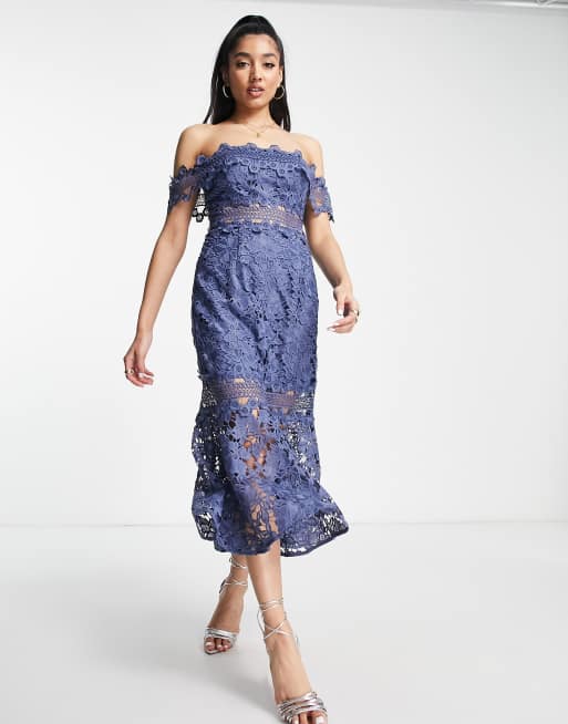 ASOS DESIGN puff sleeve lace midi dress with button detail and lace inserts  in blue