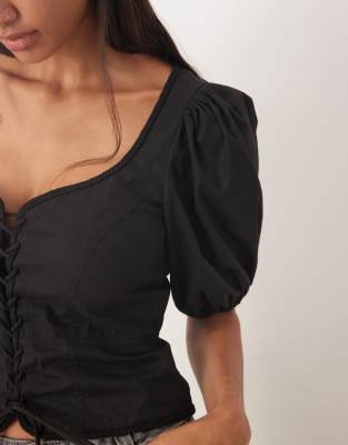 Asos Design Puff Sleeve Lace-up Front Top-black In Black