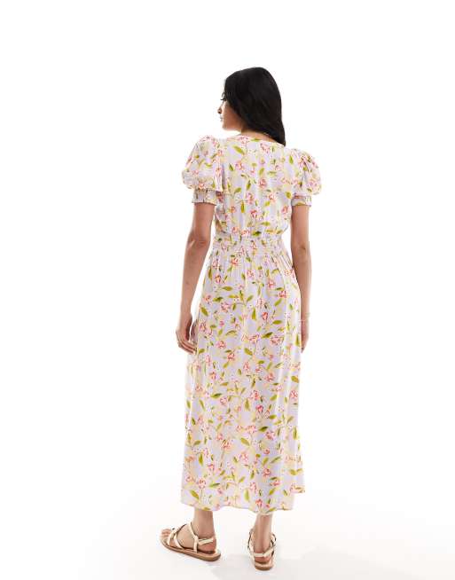 ASOS DESIGN puff sleeve lace up midi dress in lilac floral, 2 of 4