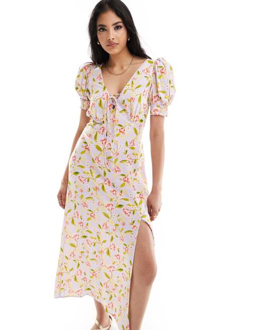ASOS DESIGN puff sleeve lace up midi dress in lilac floral, 3 of 4