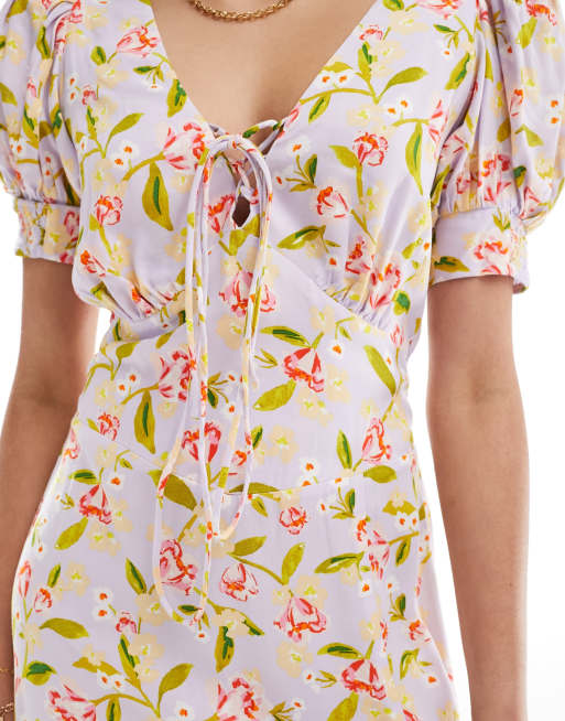 ASOS DESIGN puff sleeve lace up midi dress in lilac floral, 4 of 4