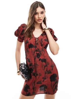 Asos Design Puff Sleeve Lace Up Mini Dress In Red Vintage Floral-multi