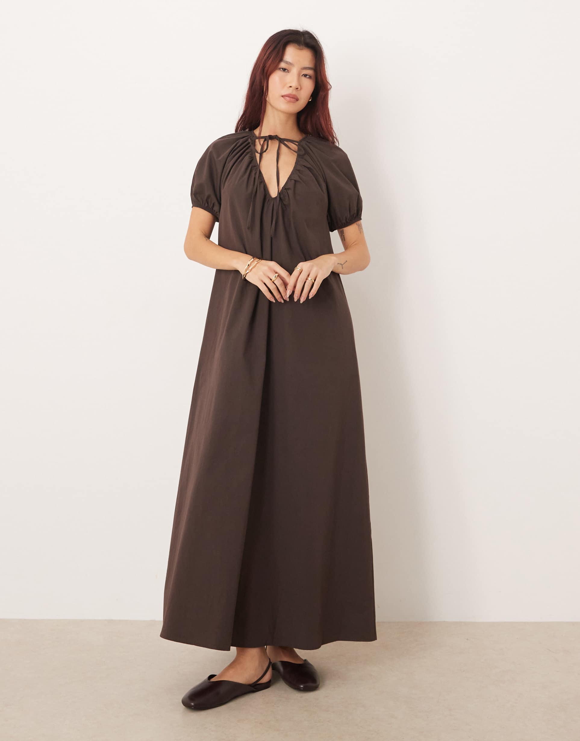asos design puff sleeve low back smock maxi dress in chocolate brown