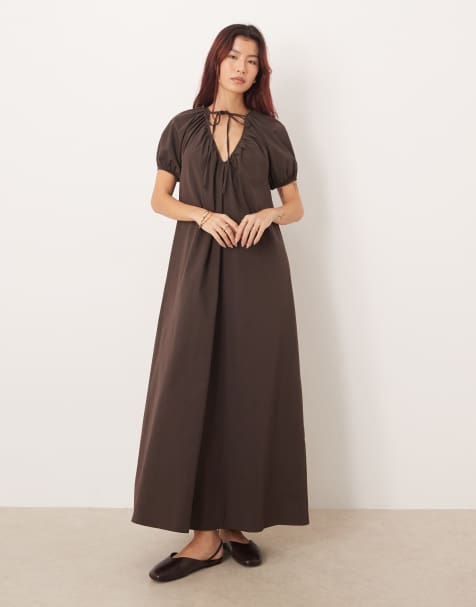 ASOS DESIGN puff sleeve low back smock maxi dress in chocolate brown