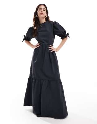 Asos Design Puff Sleeve Low Back Tiered Maxi Dress In Black